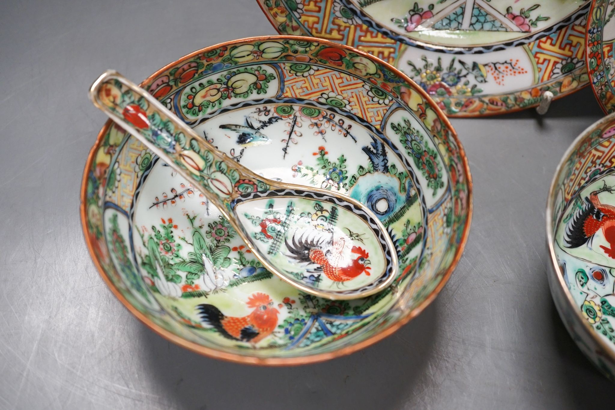 A Chinese famille rose box and cover, 9.7 cm diameter and a group of porcelain ‘chicken’ wares, Republic period